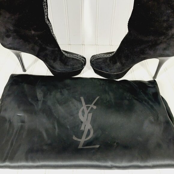 Yves Saint Laurent Black Leather Suede and Patent Slip On High Heel Boots I22 - Picture 8 of 12